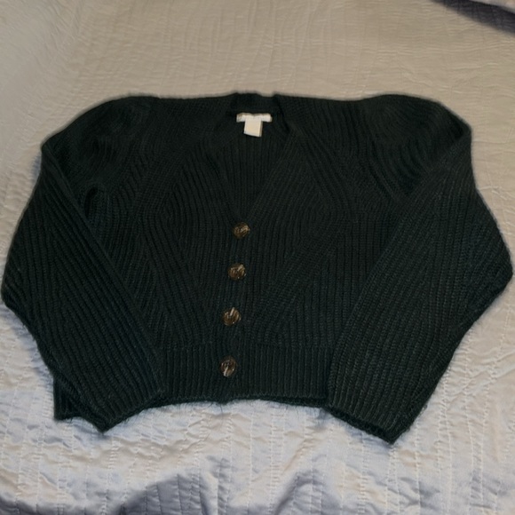 Design History dark green puff sleeve chunky knit cardigan - Picture 2 of 4